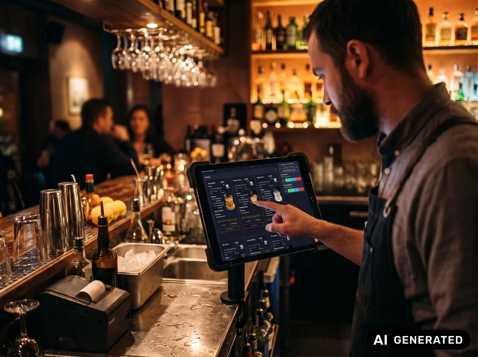 Symbolbild (KI-generiert): Ein Barkeeper tippt an einer beleuchteten Bar auf ein Tablet mit einer Cocktail-Verwaltung.